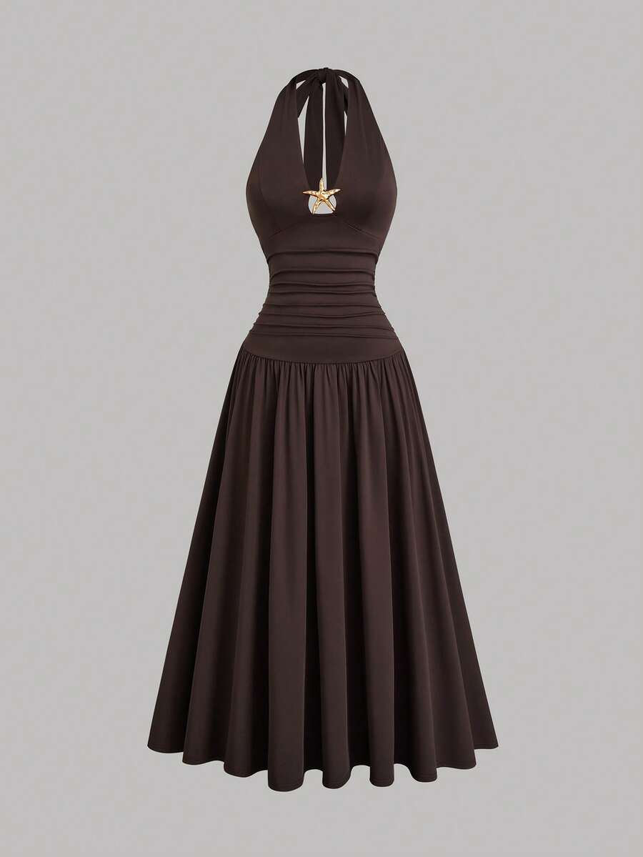 plus size halter maxi dress with deep V neckline, back neck tie bow, open shoulders, ruched waist panel, gold starfish charm, gathered A-line maxi skirt and solid or printed vacation colorways image 12