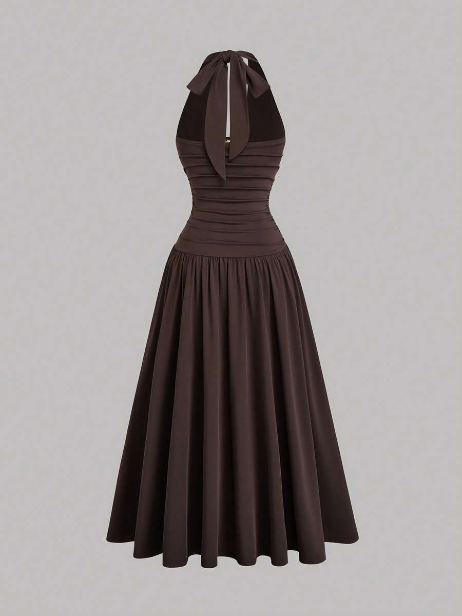 plus size halter maxi dress with deep V neckline, back neck tie bow, open shoulders, ruched waist panel, gold starfish charm, gathered A-line maxi skirt and solid or printed vacation colorways image 11