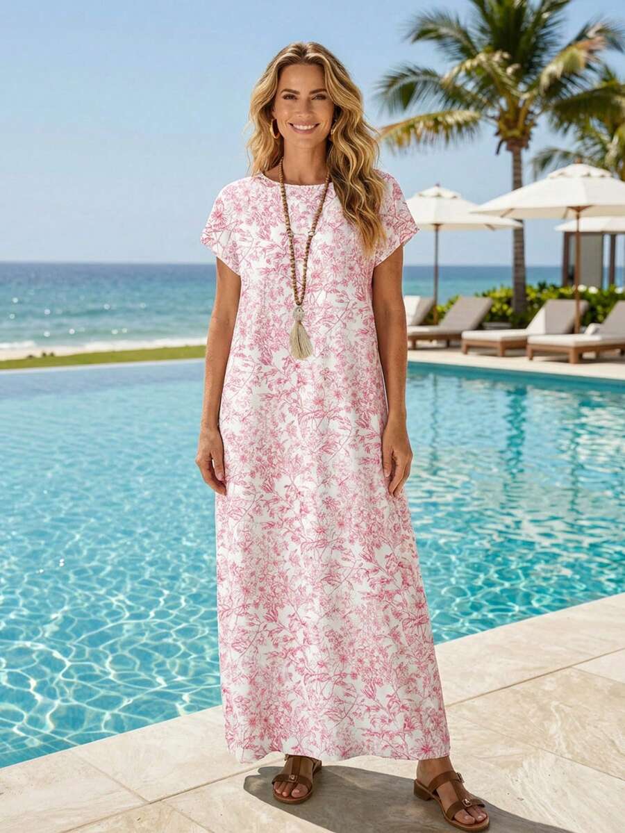 Back view of pink floral maxi dress with full floral coverage