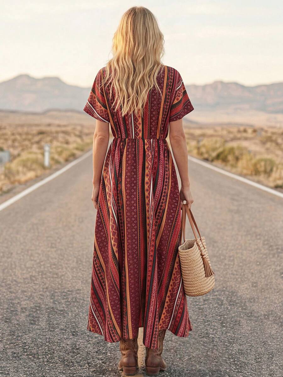 Front view of floral V-neck A-line dress for summer vacations
