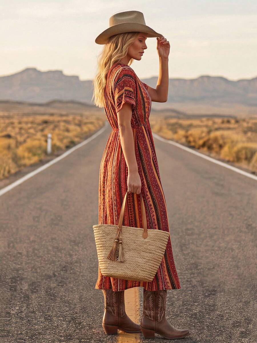 Side view of flowing floral dress with puff sleeves