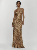 Front view of brown snakeskin print lace-up satin maxi dress