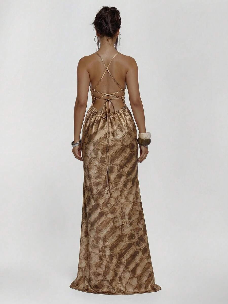 Rear view of brown snakeskin print maxi dress with open lace-up back