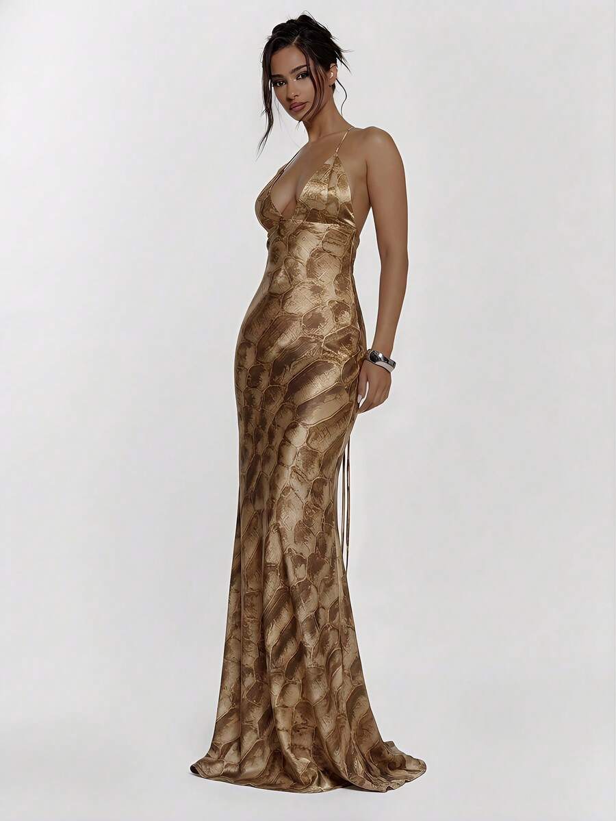 Side view of brown snakeskin print fitted satin maxi dress