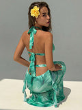 Aqua halter maxi dress with sheer ruffle skirt