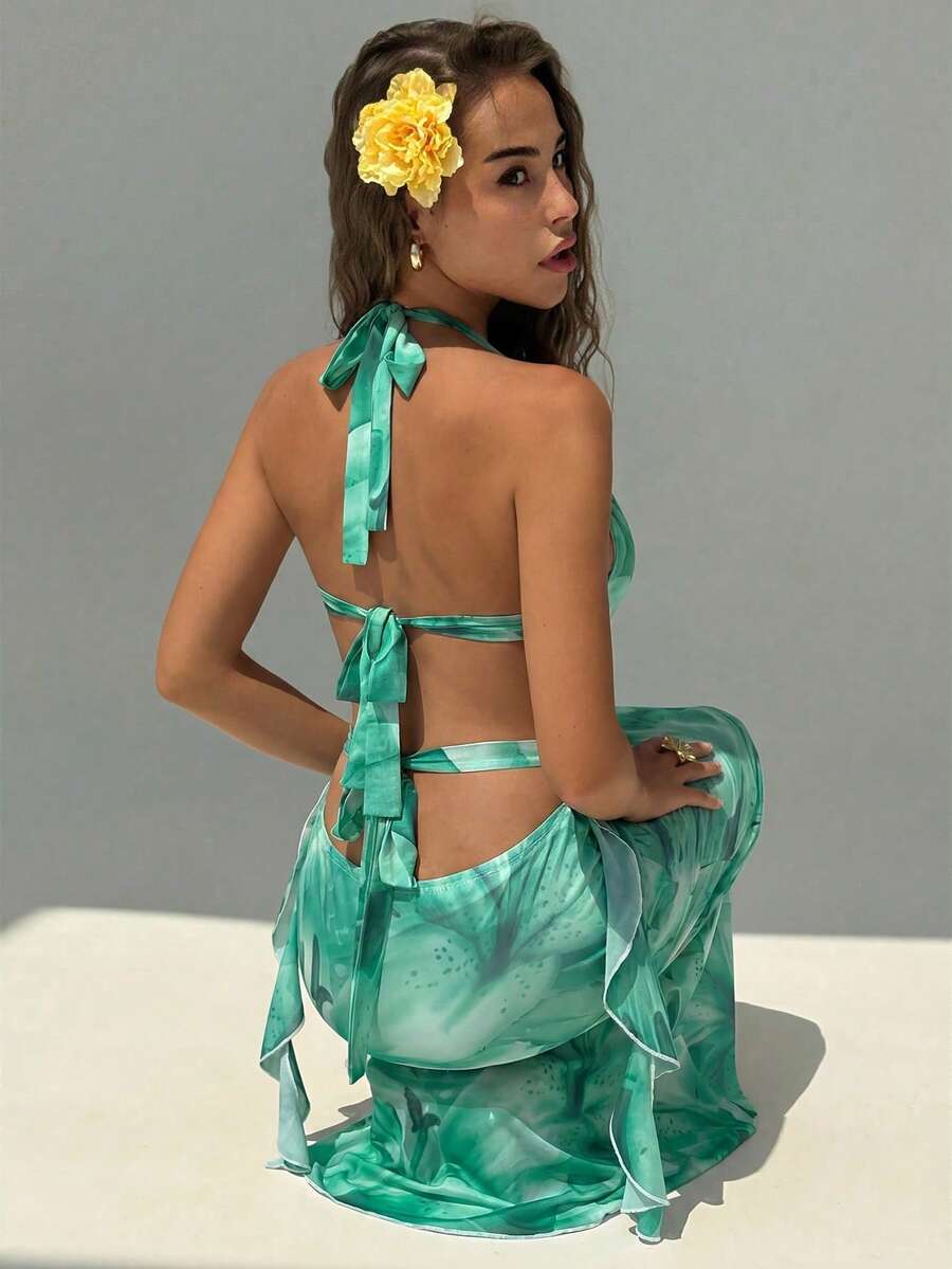 Aqua halter maxi dress with sheer ruffle skirt