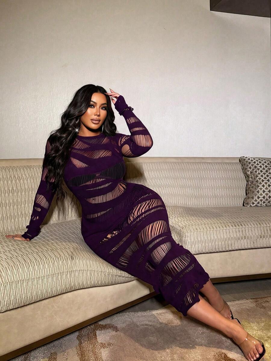 Image 5 - neckline detail of Plus Size Sexy Long Sleeve Hollow Out Dress for Women - NU NOW Collection