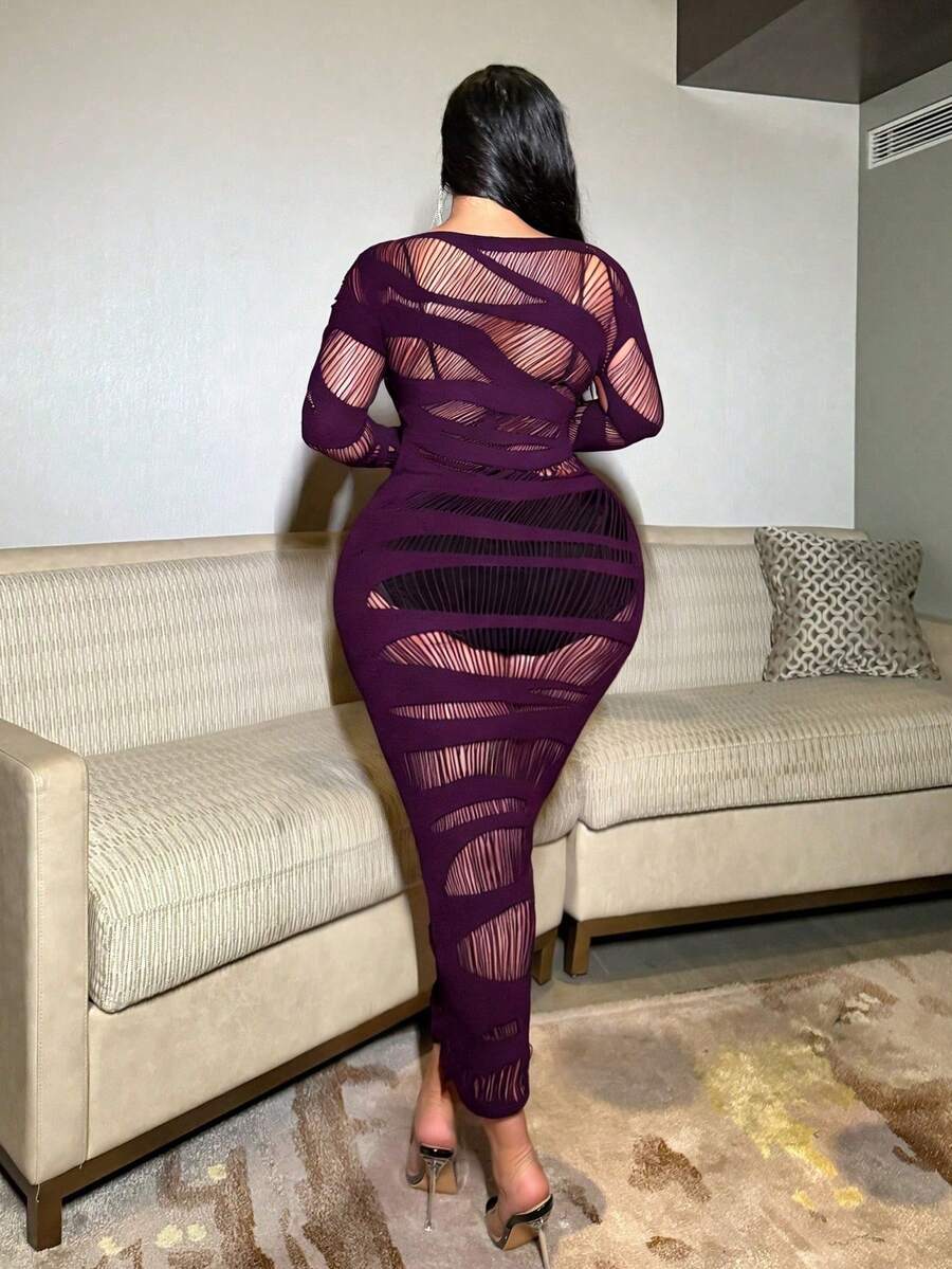 Image 6 - full length view of Plus Size Sexy Long Sleeve Hollow Out Dress for Women - NU NOW Collection