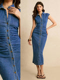 Medium blue denim button front midi dress