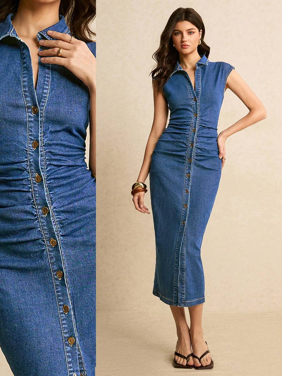 Medium blue denim button front midi dress