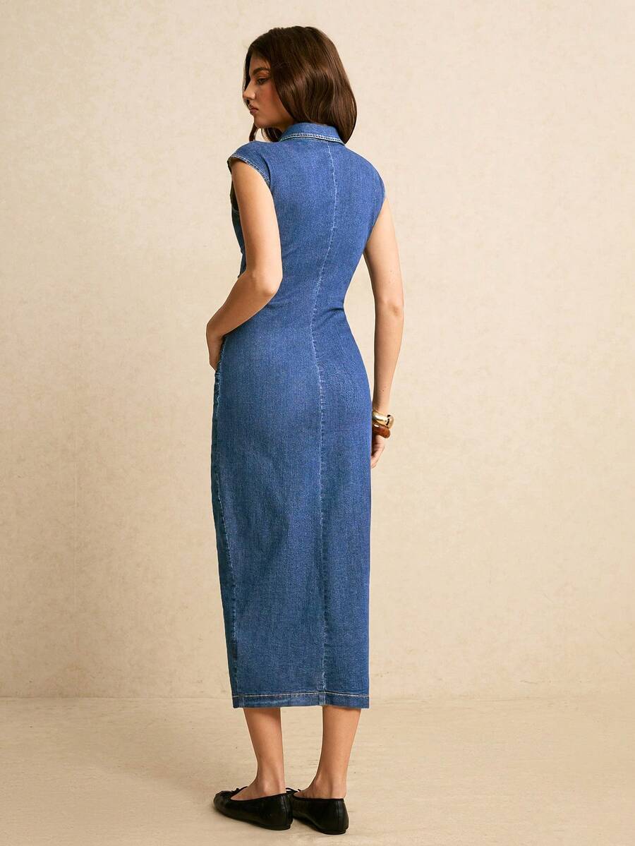 Back view medium blue denim shirt dress