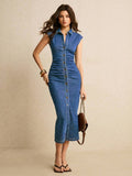 Medium blue slim fit denim dress side view