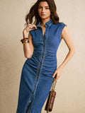 Medium blue denim midi dress with front slit