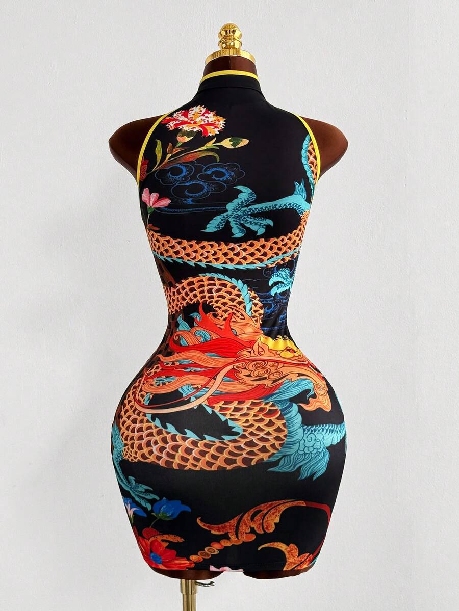 Embrace timeless elegance with this striking retro dragon print cheongsam dress. Featuring a flattering halter neck design and form-fitting bodycon silhouette, this mini skirt celebrates traditional Asian aesthetics with a modern twist. The vibrant color palette brings the mythical dragon motif to life, making it perfect for standout occasions, themed events, or anyone seeking bold, culturally-inspired fashion. 