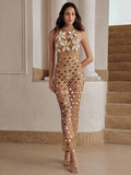 Full front view of khaki floral crochet beach cover-up with reflective discs and ankle-length hem
