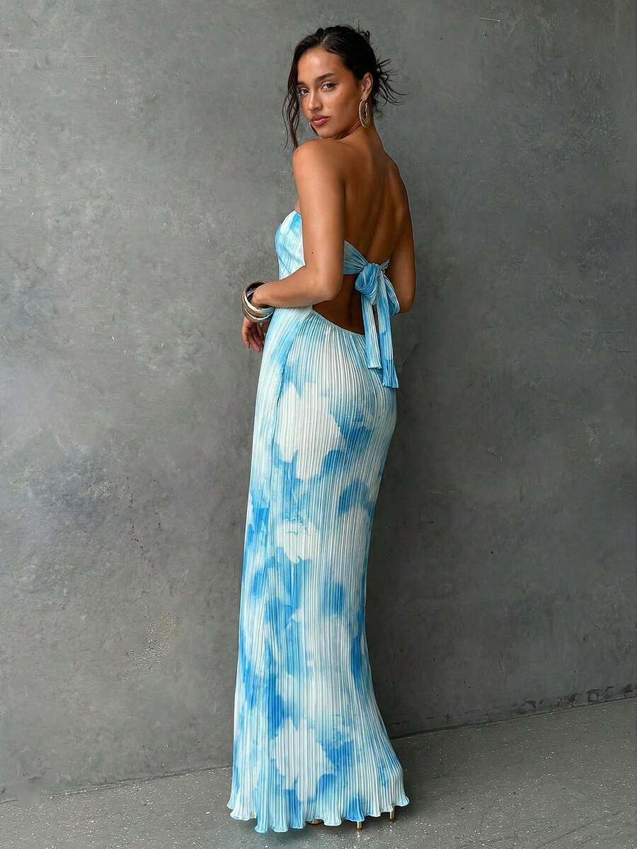 Blue aqua open back maxi dress with bow tie