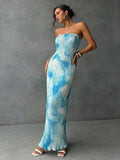 Blue aqua strapless pleated tie back maxi dress front view