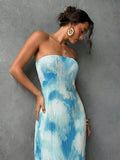 Blue aqua pleated tube maxi dress side view