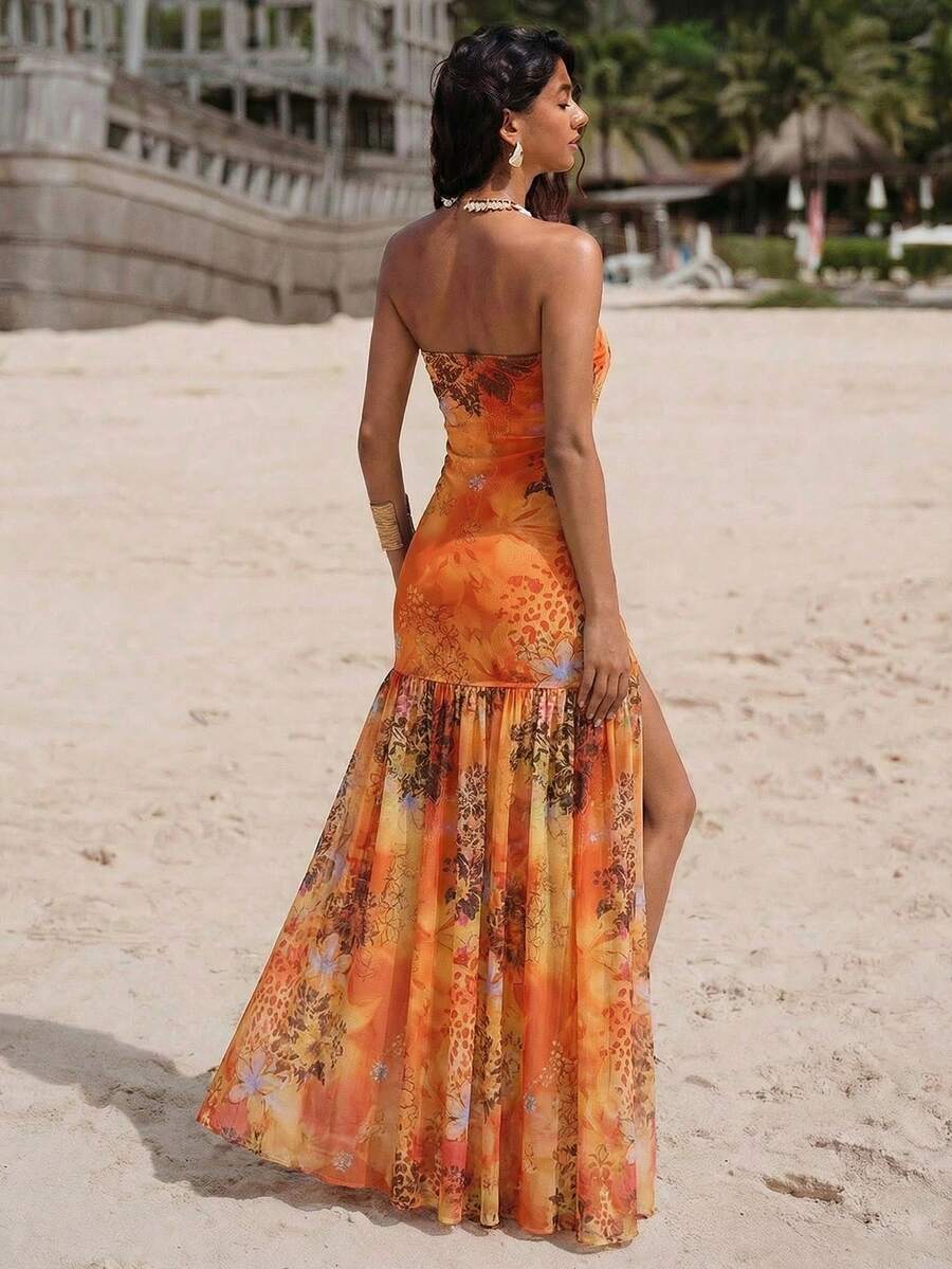 18 media show strapless maxi beach dress with bandeau neckline, bodycon drop waist, high slit, flowing sheer gathered skirt, variants orange floral, butter yellow, chocolate, burgundy, leopard, pink mixed print. image 2