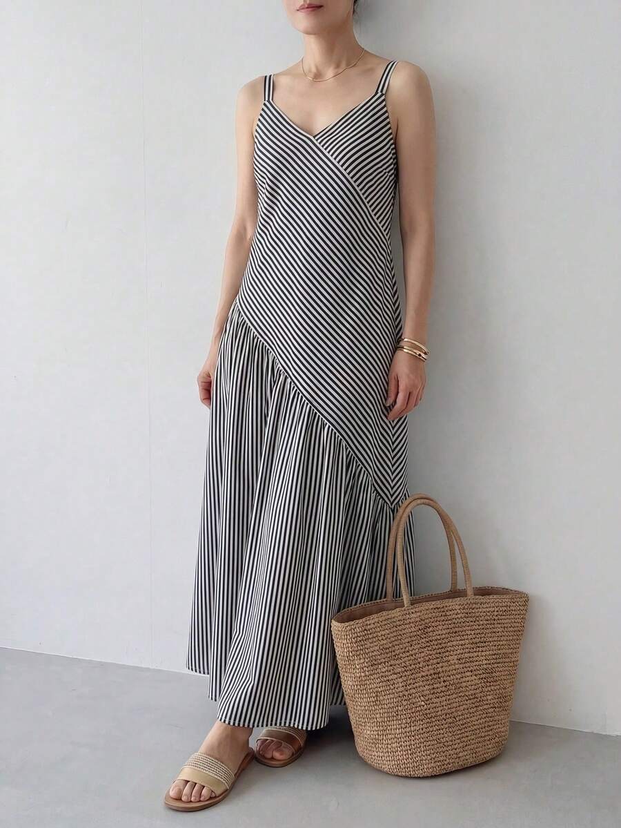 Black and white striped cami maxi dress back view