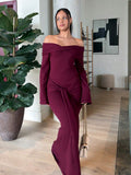 Full front view of burgundy off shoulder bodycon maxi dress with foldover neckline