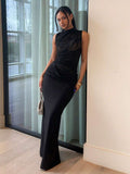 Back full body view of black high back lace mesh maxi dress