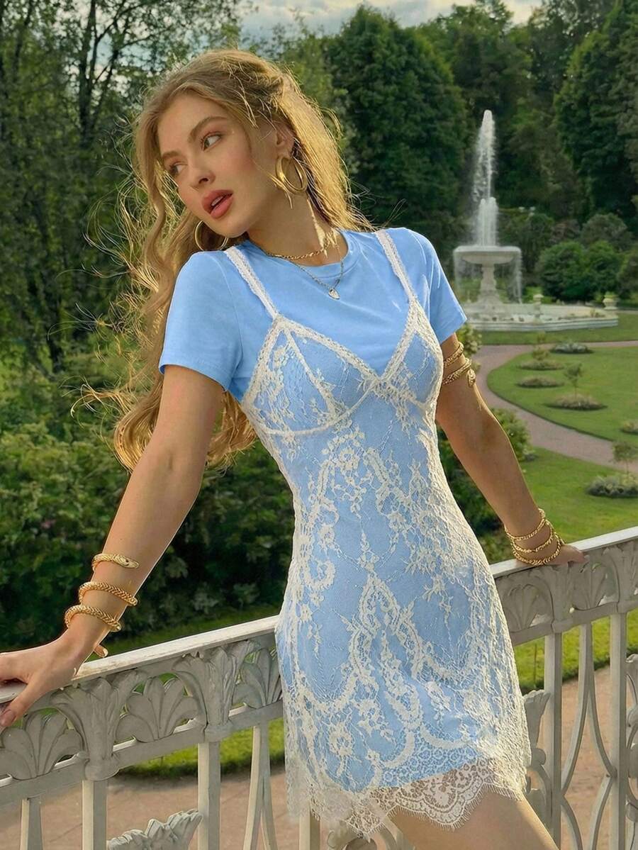 Lace Overlay Mini T-Shirt Dress with Scallop Hem – Canary Houze