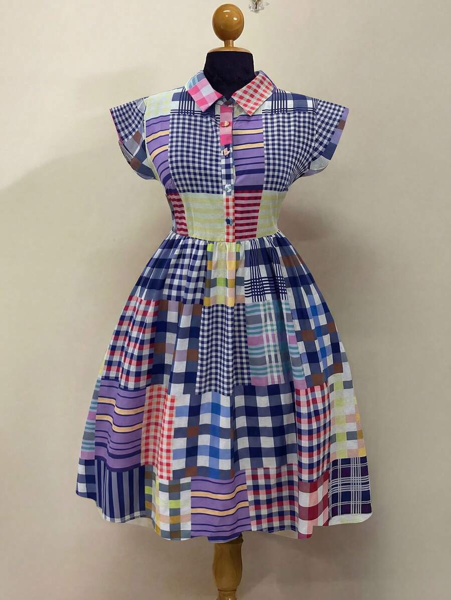 Back view of Stylish Plaid Patchwork Bodycon Dress for Effortless Casual Elegance Multicolor knee length fit