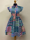 Side profile of Stylish Plaid Patchwork Bodycon Dress for Effortless Casual Elegance Dusty Blue plaid patchwork style