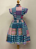 Back view of Stylish Plaid Patchwork Bodycon Dress for Effortless Casual Elegance Dusty Blue knee length fit