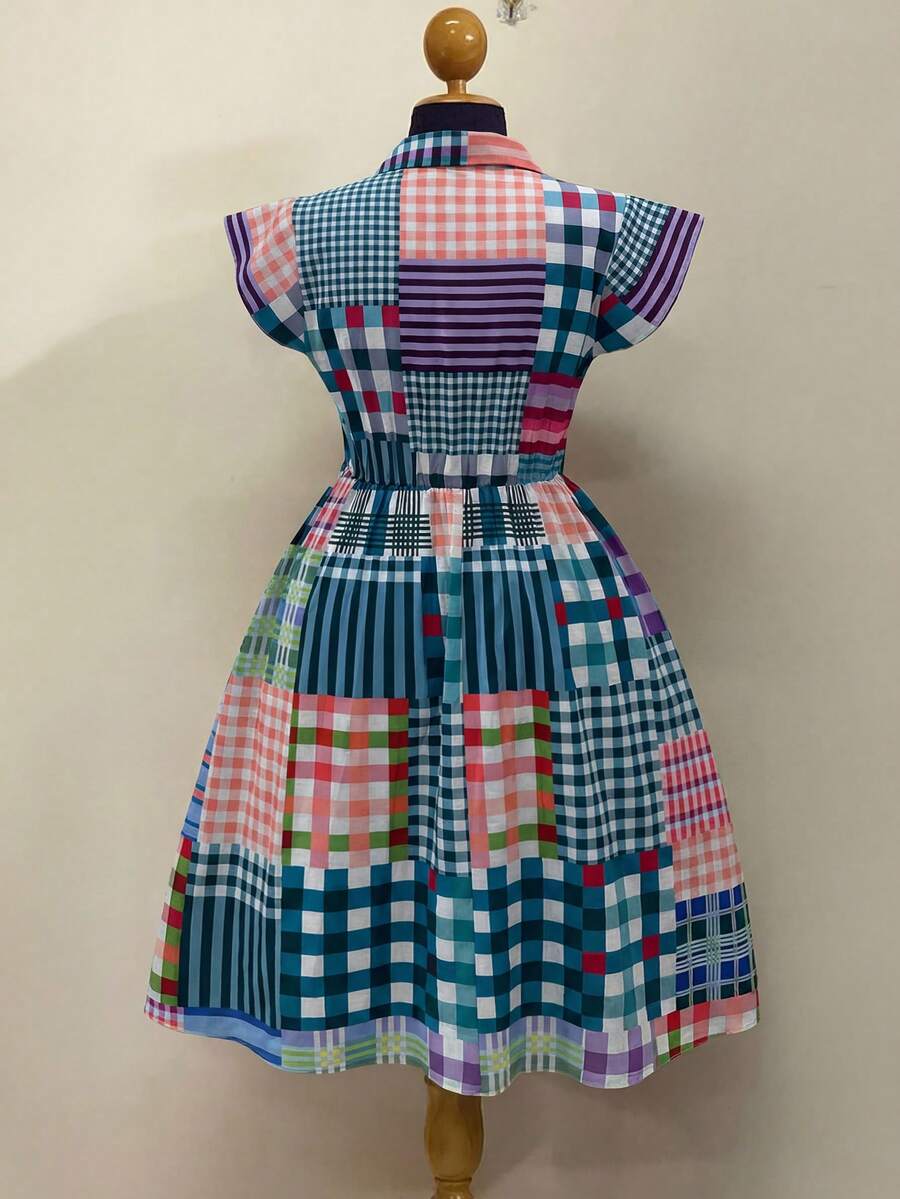 Back view of Stylish Plaid Patchwork Bodycon Dress for Effortless Casual Elegance Dusty Blue knee length fit