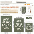 Size chart for sage green Jesus Loves You unframed canvas wall art