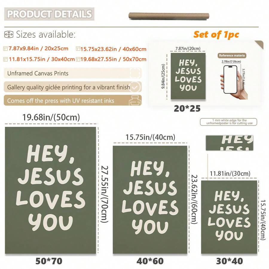 Size chart for sage green Jesus Loves You unframed canvas wall art