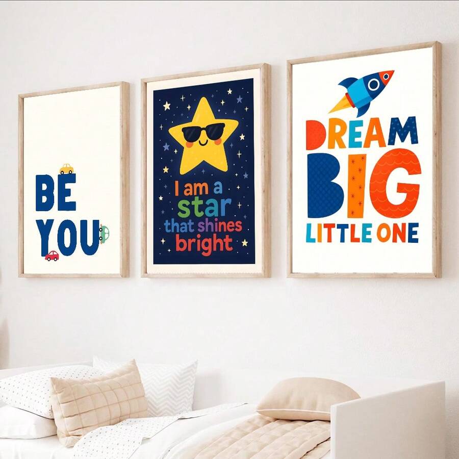 Transform your child's room into a space of positivity and self-belief with this vibrant 3-piece wall art set. Each canvas features inspiring messages designed to encourage kids to dream big and embrace their unique selves. The colorful letter-based designs add cheerful visual interest to nurseries, playrooms, and bedrooms while promoting confidence and imagination. Perfect for creating an uplifting environment that grows with your child. Ideal for birthdays, baby showers, and room makeovers.