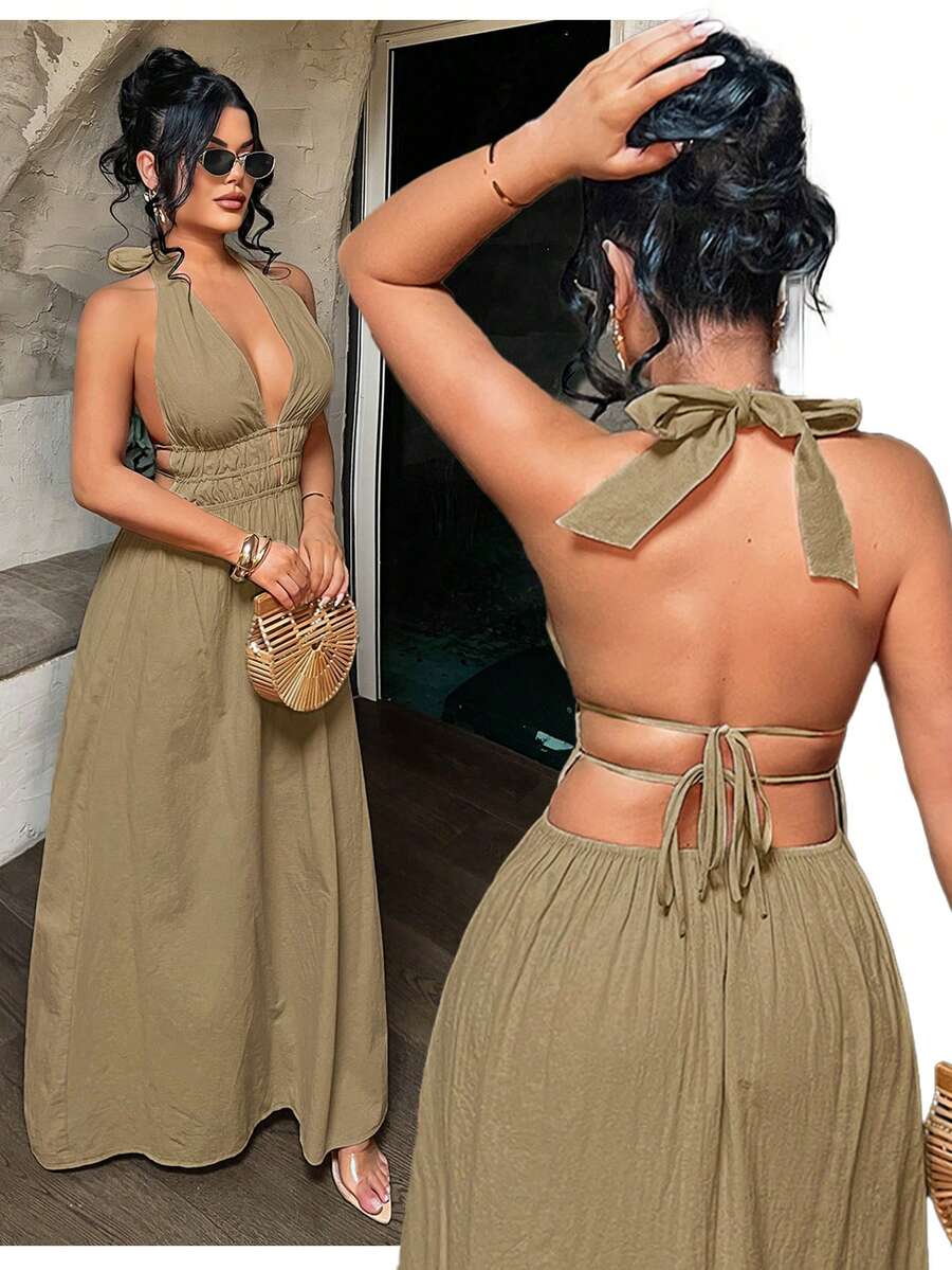 Khaki halter maxi dress front and open tie back collage