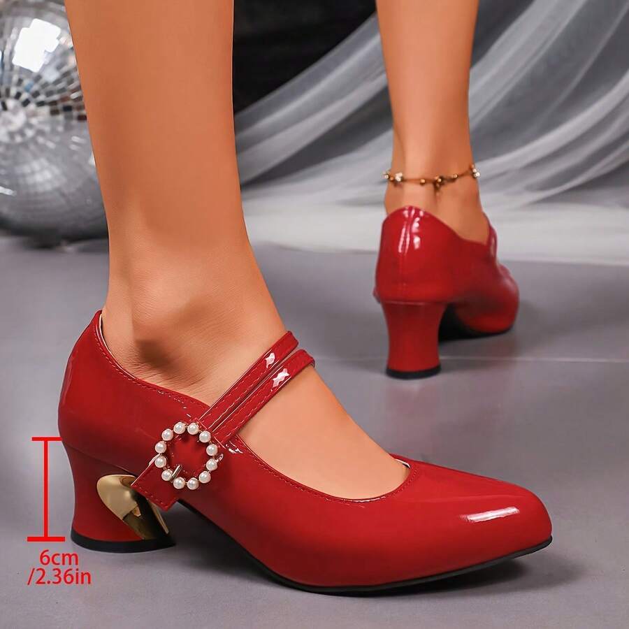 pearl buckle block heel pumps image 10 showing visible shoe design, texture, strap, heel or flat sole details