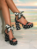 Side view of black polka dot open toe platform sandal with chunky heel