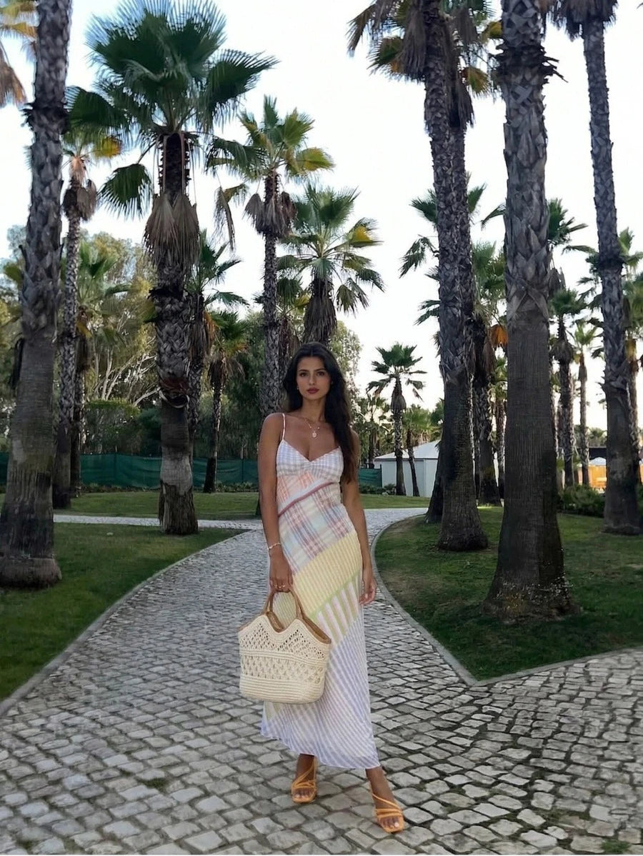 Plaid vacation maxi dress with slim adjustable straps
