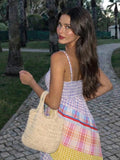 Pastel plaid maxi dress with diagonal patchwork panels