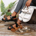 Color comparison view of black tan champagne and white women’s platform sandals
