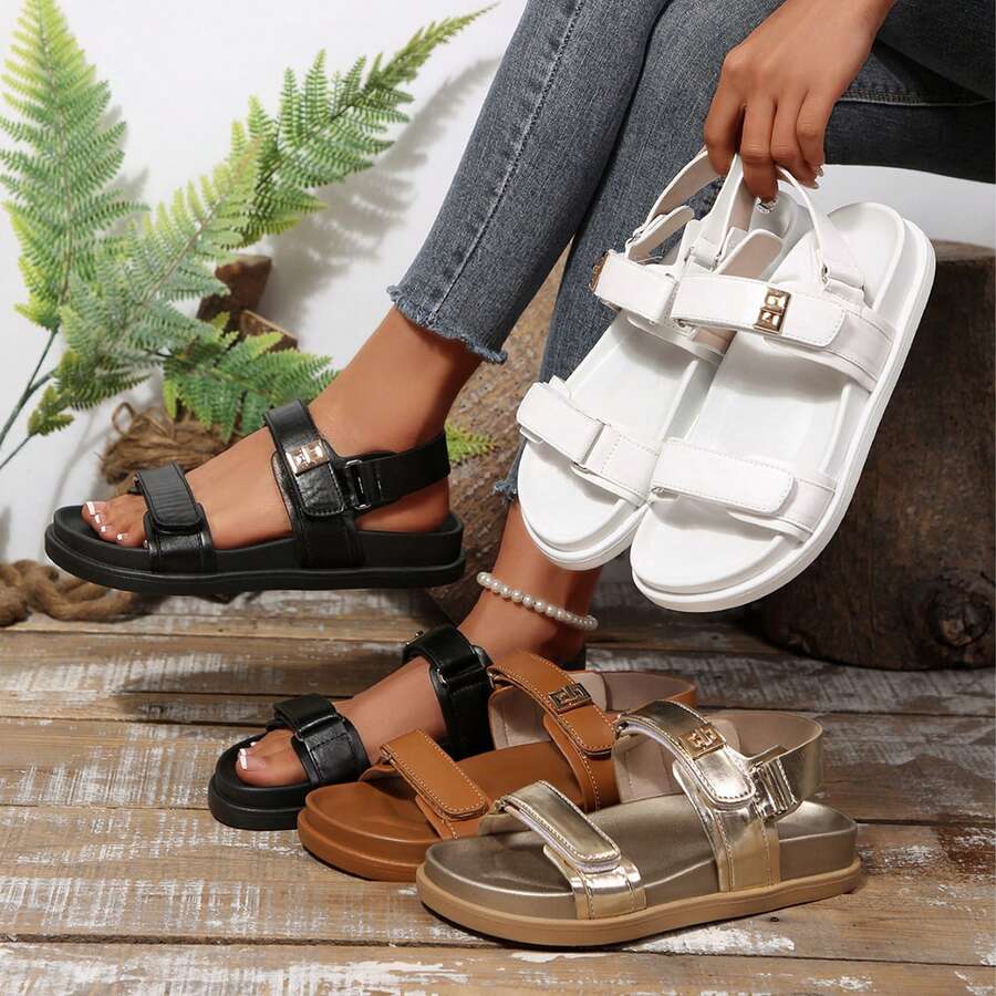 Color comparison view of black tan champagne and white women’s platform sandals