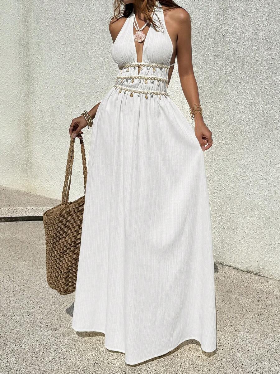 Front view of white beach wedding guest halter maxi dress