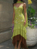 Green embellished maxi dress with layered ruffle hem