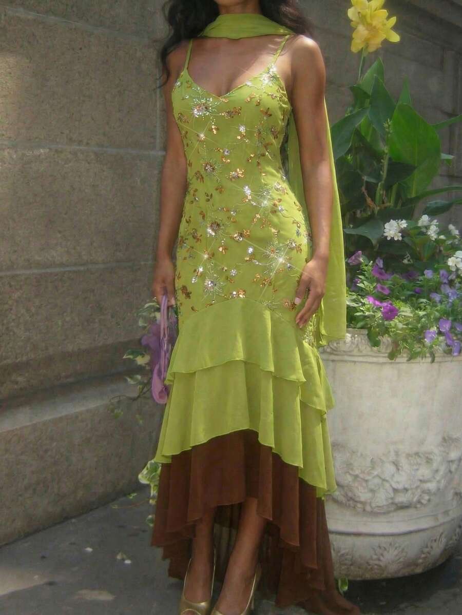 Green embellished maxi dress with layered ruffle hem