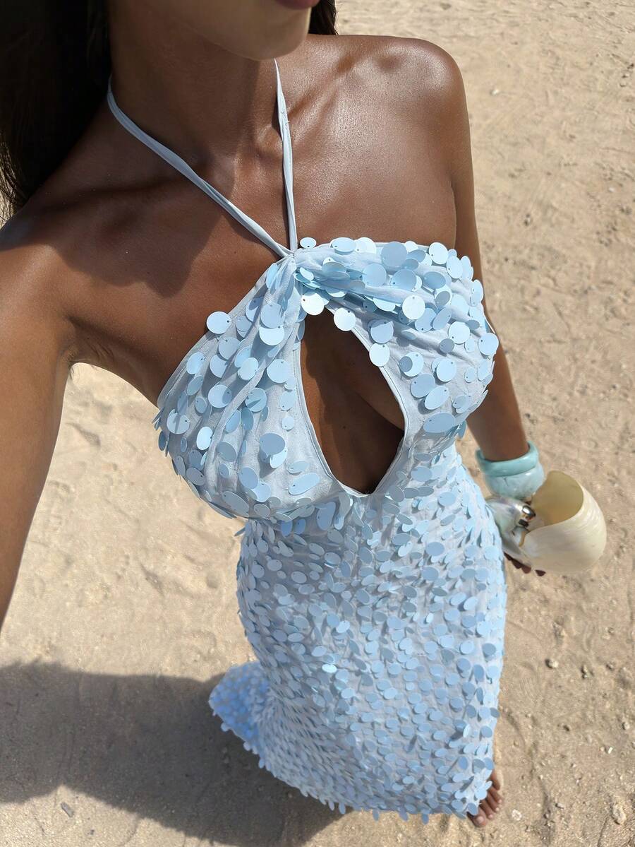 4 media show light blue sequin halter maxi dress with tie neck, deep front keyhole, open back, oversized round paillettes, slim mermaid floor length shape. image 1