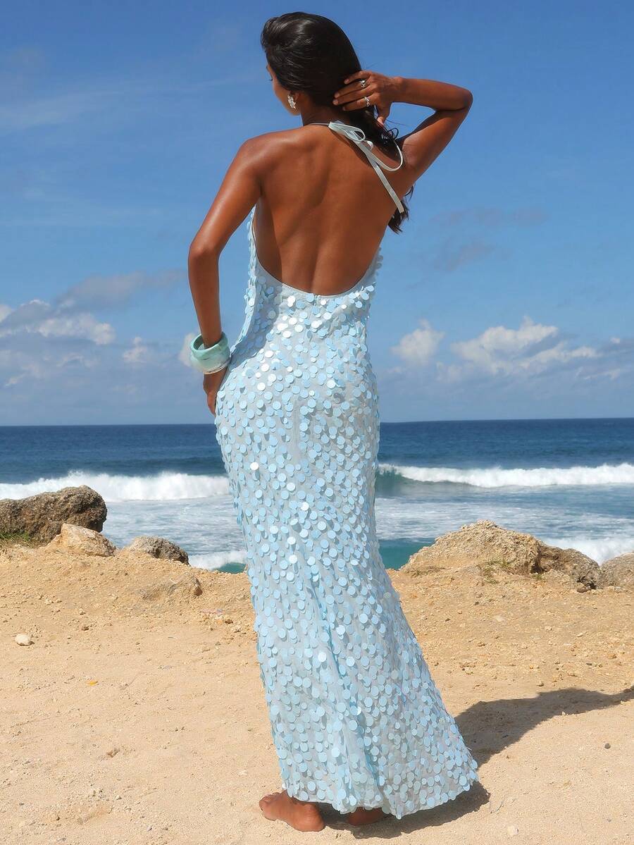 4 media show light blue sequin halter maxi dress with tie neck, deep front keyhole, open back, oversized round paillettes, slim mermaid floor length shape. image 3