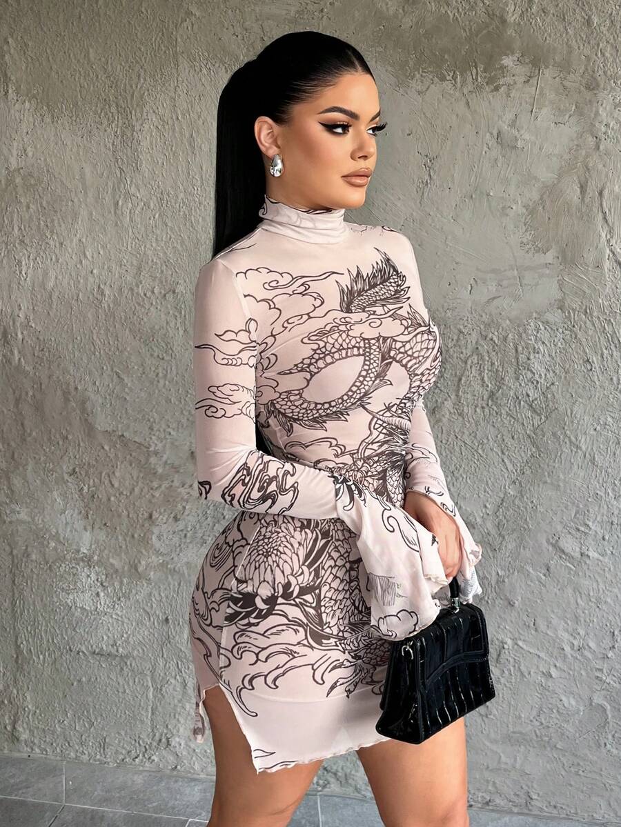 Blush mesh bodycon mini dress with flared cuffs and dragon print close front view