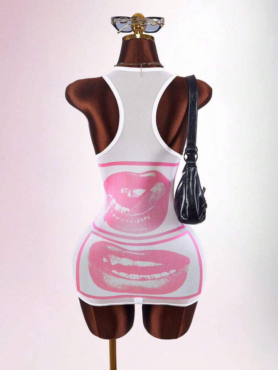 Burgundy bodycon mini dress with black lip graphic rear view