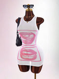 Burgundy lip graphic mesh bodycon mini dress full front view