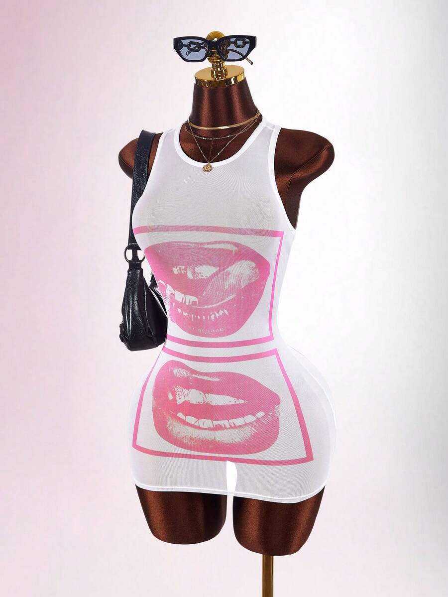 Burgundy lip graphic mesh bodycon mini dress full front view
